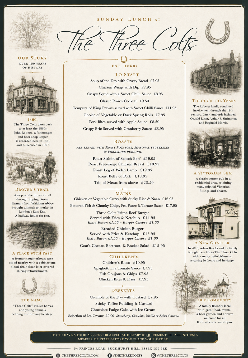 The Three Colts Pub & Bar Custom Menus